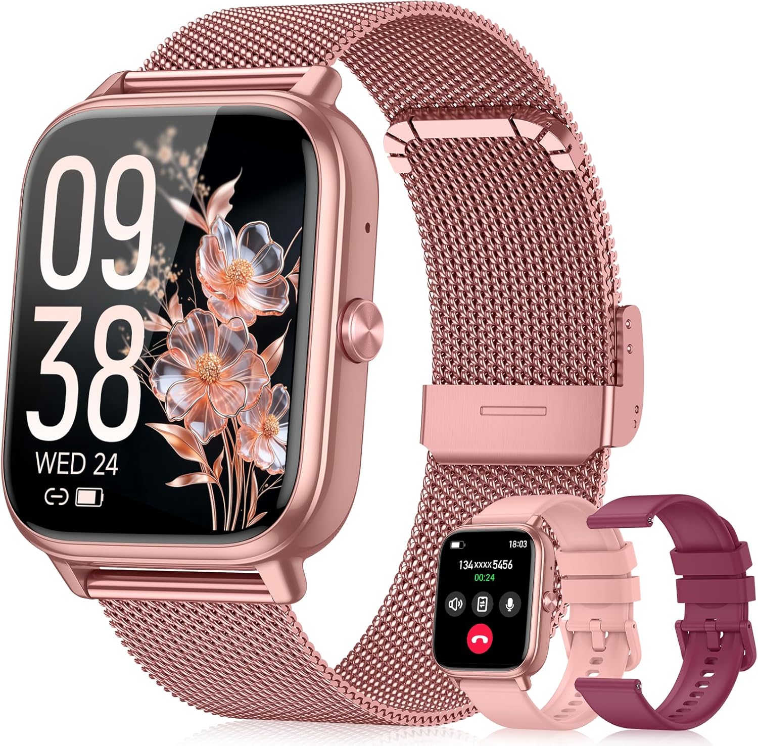 Skiennix Smart Watch | 1000mAh Battery, Call Function & Fitness Tracker | Pink, 3 Straps, iOS/Android Compatible