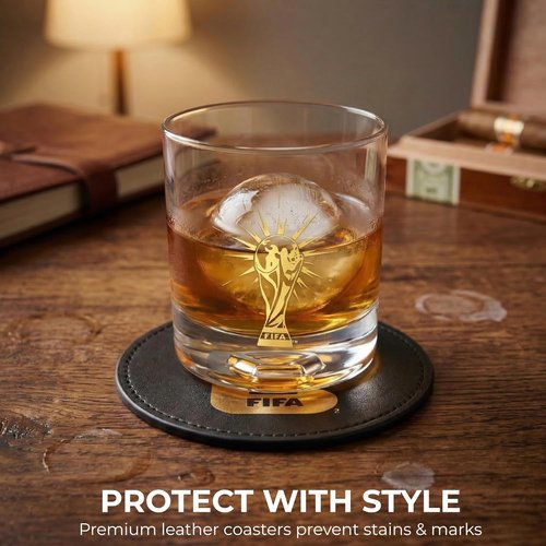 FIFA World Cup 2026 Edition - 8oz Whiskey Glass & Leather Coasters Gift Set | Perfect for Parties & Gamedays