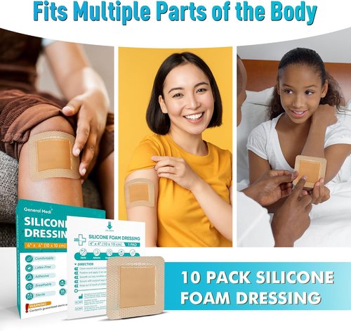 General Medi Waterproof Silicone Foam Island Dressing - 4" x 4" Sterile Wound Care Pads (10 Pack) | Soft, Absorbent & Adhesive