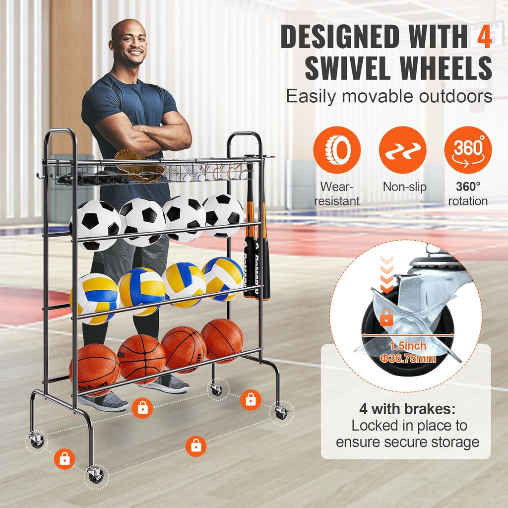 VEVOR Rolling Sports Ball Storage Cart - Lockable Basketball Cage & Organizer for Indoor/Outdoor Use