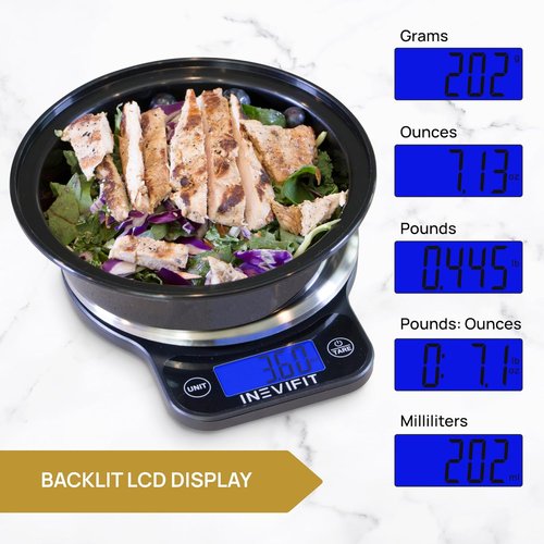 INEVIFIT Digital Kitchen Scale - Highly Accurate Multifunction Food Scale Up to 13 lbs | Modern Black with Stainless Steel Finish