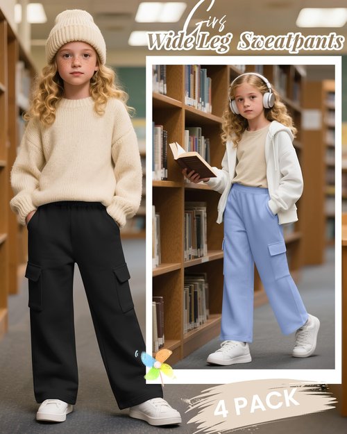 LessonZoo 4 Pack Girl's Wide Leg Sweatpants with Cargo Pockets Baggy Elastic High Waist Pants Kids Casual Athletic 5-14Y(Cream, Pink, Light Blue, Black,13-14 Years)