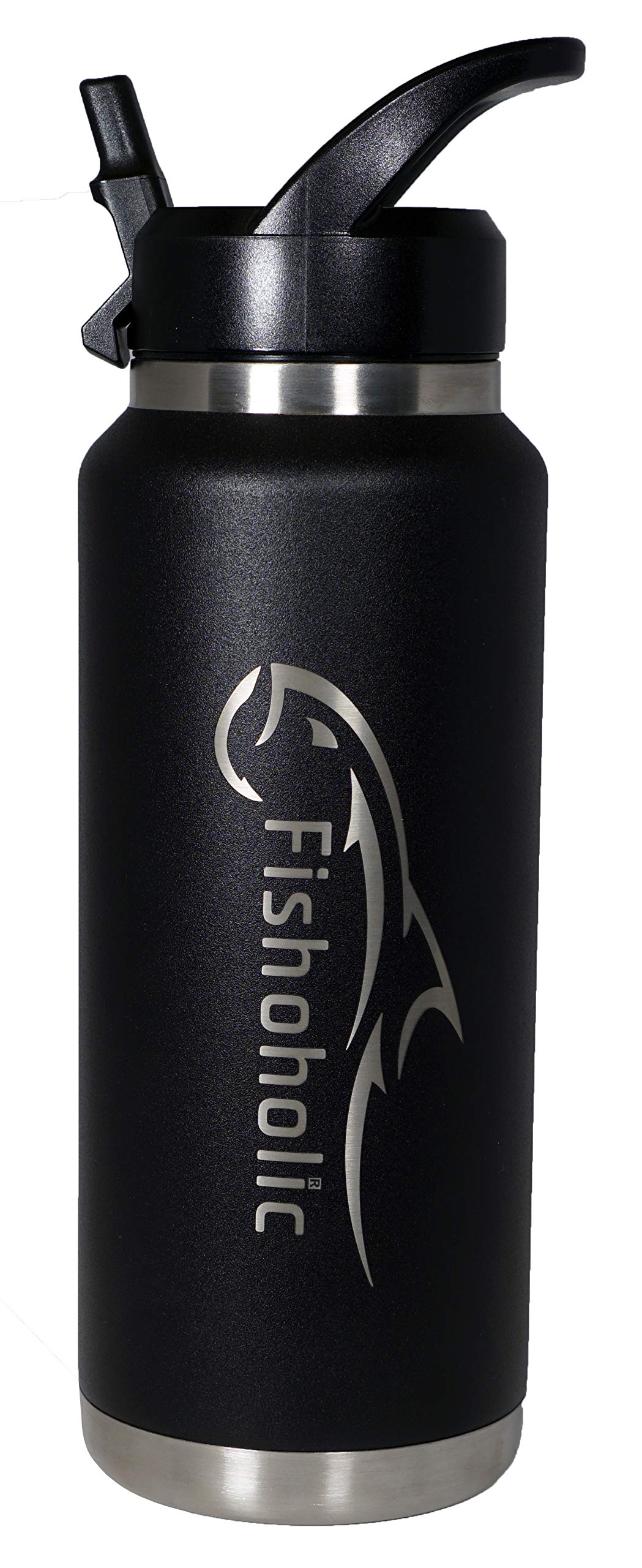 Fishoholic Fishing Mug Keg Bottle Tumbler - Double Wall Stainless Steel Vacuum Insulated - Fishing Gift for Men (Black, 36oz)