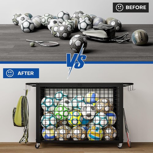 Boshen 41.7" Extra Large Ball Cart Storage Rolling with Lockable Wheels Lid & Removable Handle, XXL Sports Equipment Basketball Storage Holds Up to 36 Balls for School, Club, Gym, Garage