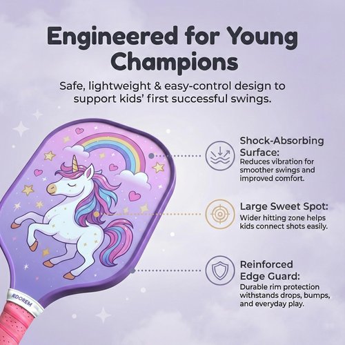 Kids Pickleball Paddle - Lightweight & Durable with Large Sweet Spot - Cute Pickleball Paddle Gift for Toddler & Youth Players - Purple Unicorn