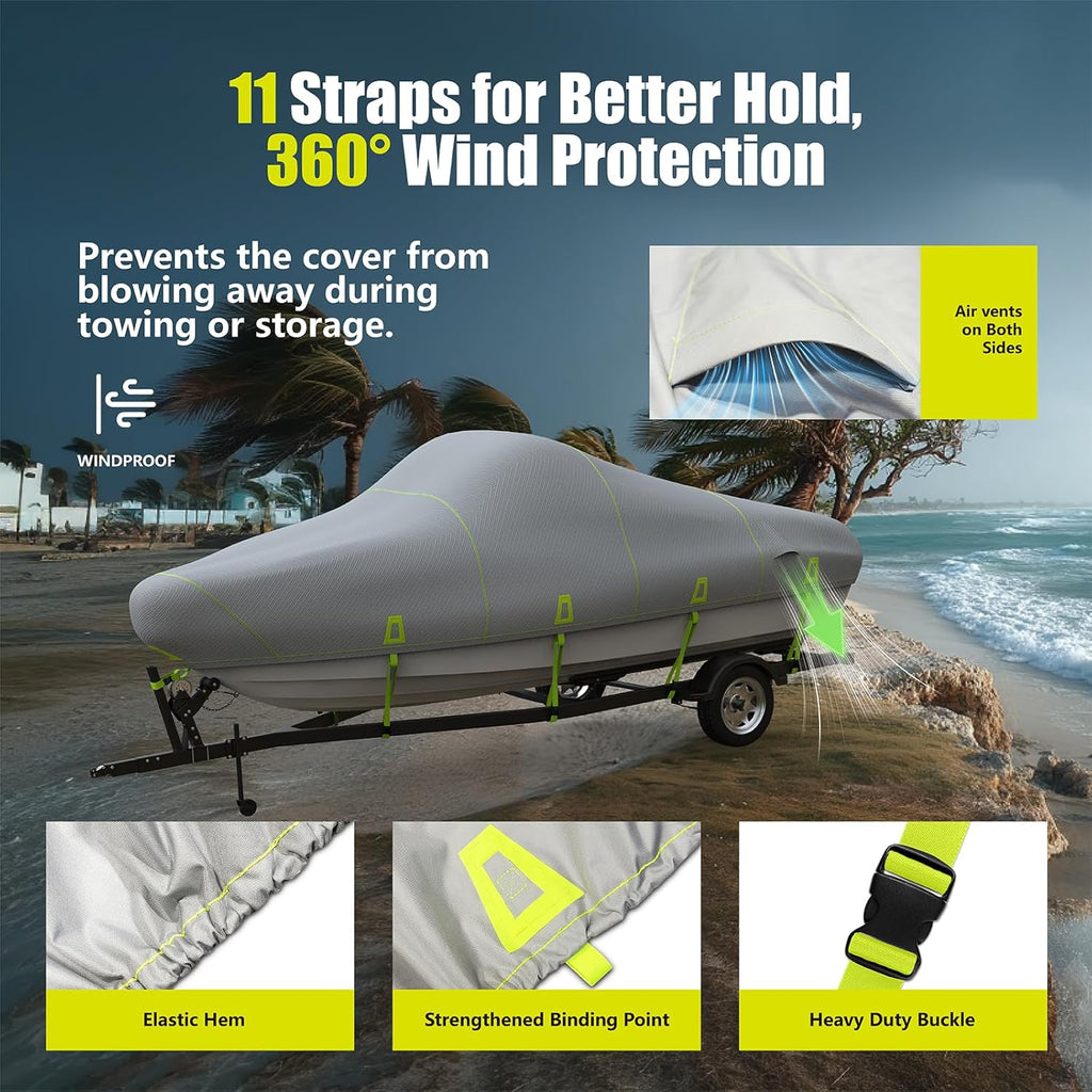 YSPACE Boat Cover - 17-19ft Heavy Duty Waterproof 1200D with Reflective Strips & Storage Bag | Fits V-Hull & Fishing Boats Up to 96" Wide