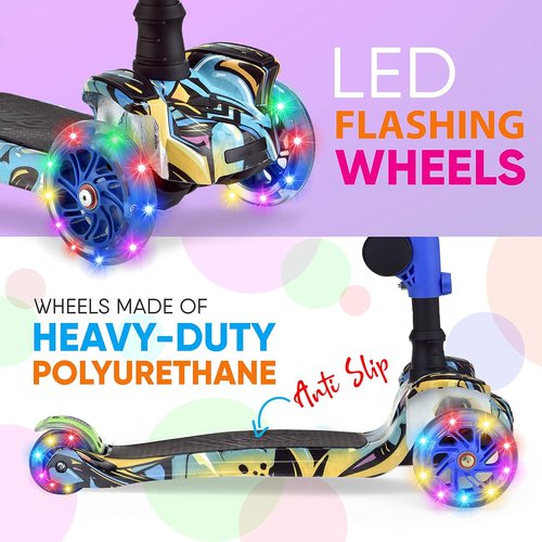 Hurtle Kids Scooter - Adjustable Height 3-Wheel Kick Scooter with Foldable Seat & Flashing Lights | For Ages 1-12