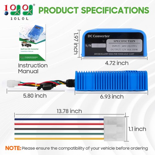 Universal Golf Cart Voltage Reducer DC Converter 36V or 48V to 12V 30 A 360W for EZGO Club Car Yamaha Golf Carts, with Power Cables