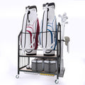 FLYJOE Golf Bag Organizer Storage Golf Bag Rack for Two Golf Bags with Clubs Holder and Golf Equipment Accessories Movable Lockable Wheels for Garage