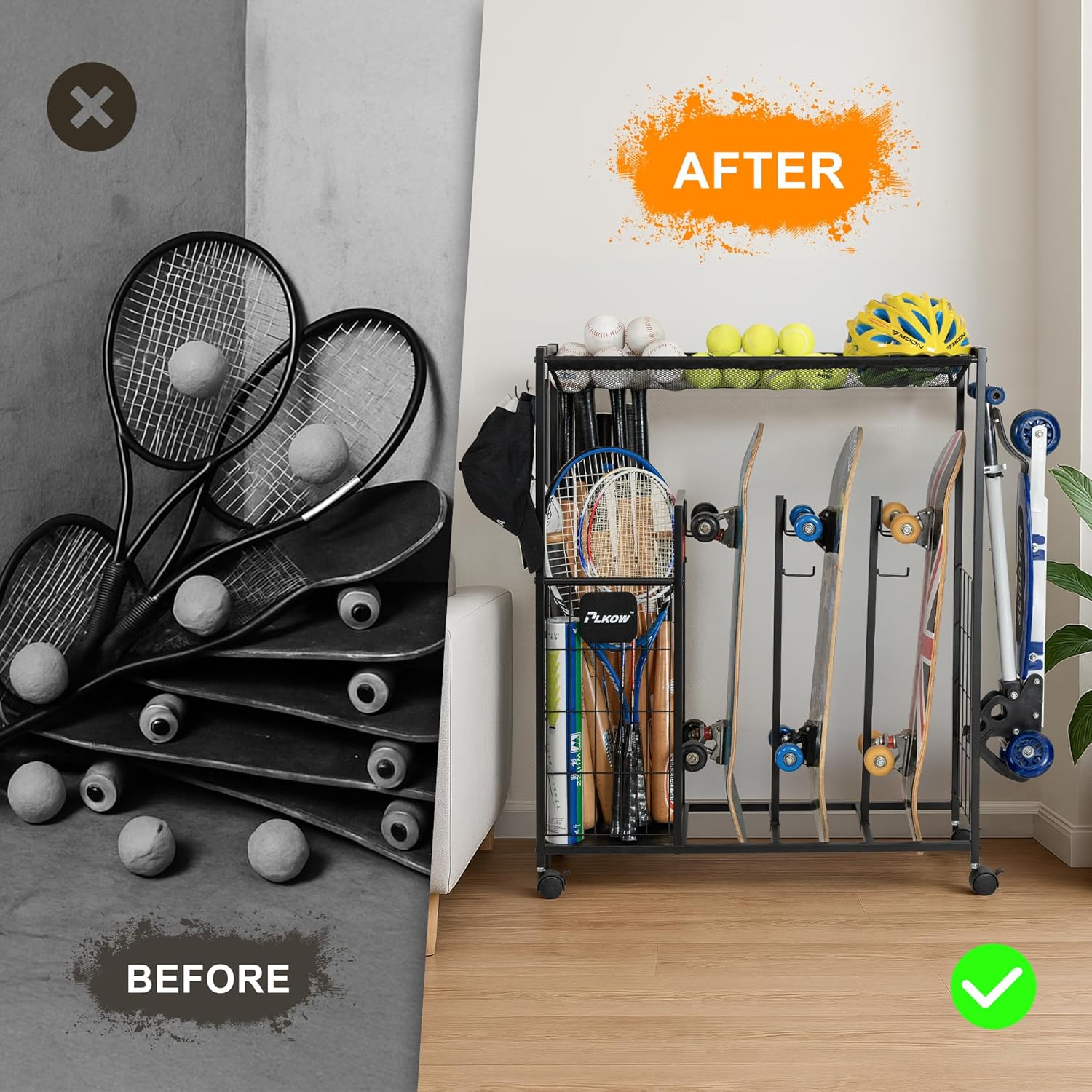 PLKOW Skateboard Storage Rack - Heavy-Duty Organizer with Wheels for Skateboards, Scooters & Gear