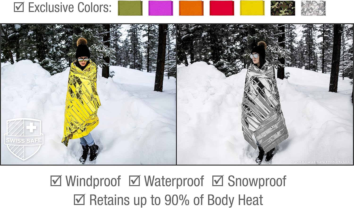 Swiss Safe Mylar Emergency Blankets - Compact & Insulated for Cold Weather | 4 Pack, Silver