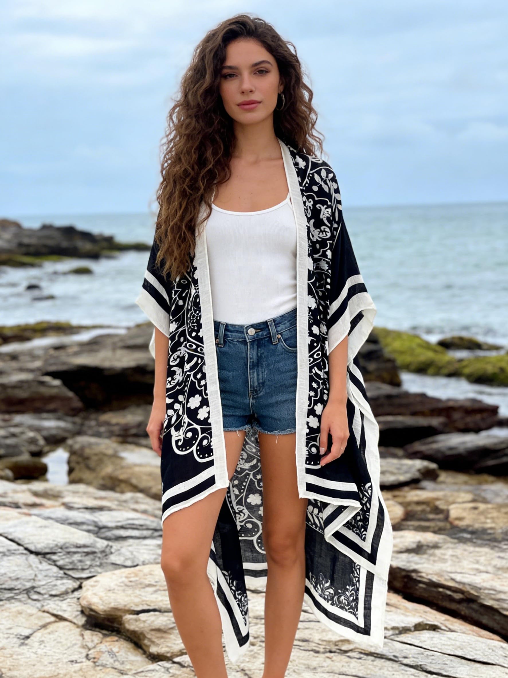 Breezy Lane Kimonos for Women Beach Coverup Bathing Suit Cover Ups for Swimsuit Boho Kimono Cardigans with Black Print