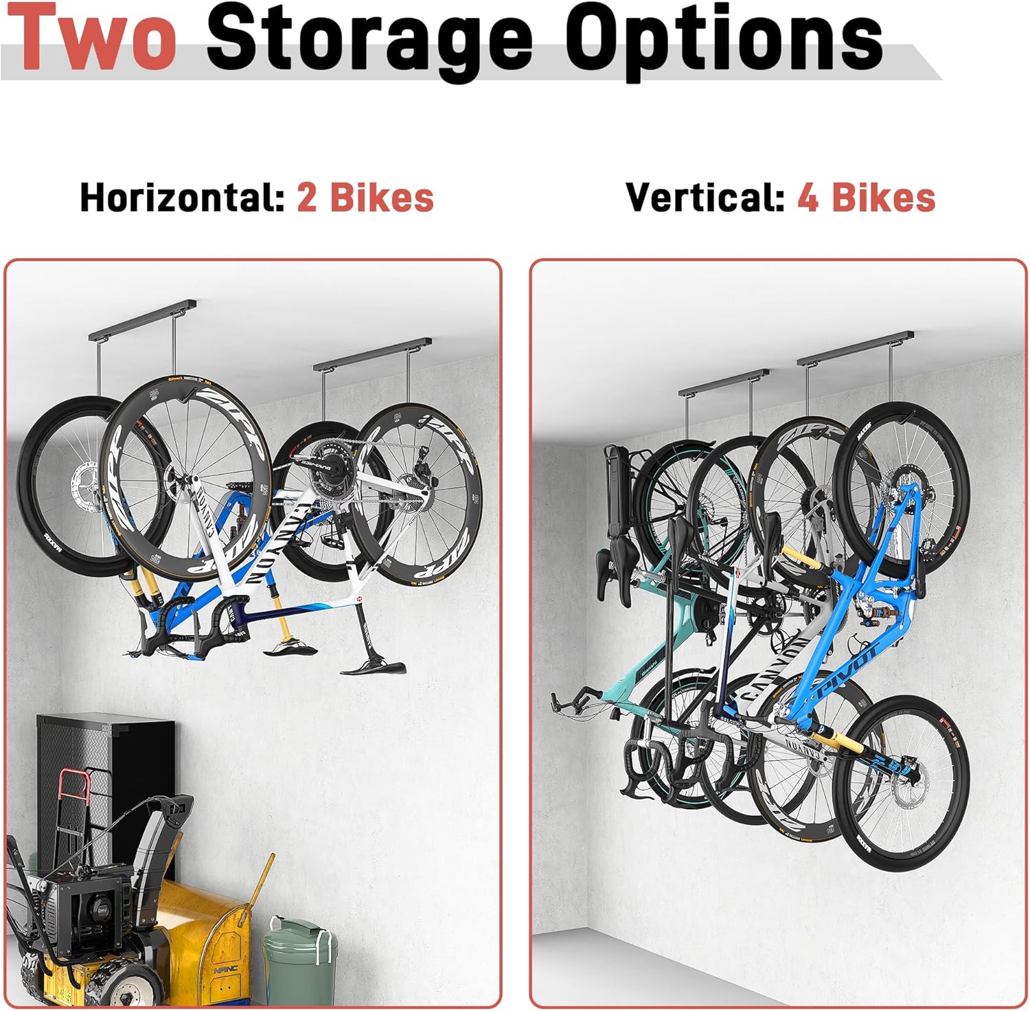 Ultrawall Ceiling Bike Rack - Indoor Bike Storage Hanger for 2 Bikes Horizontally or 4 Bikes Vertically | Adjustable Hooks, 25 Inch