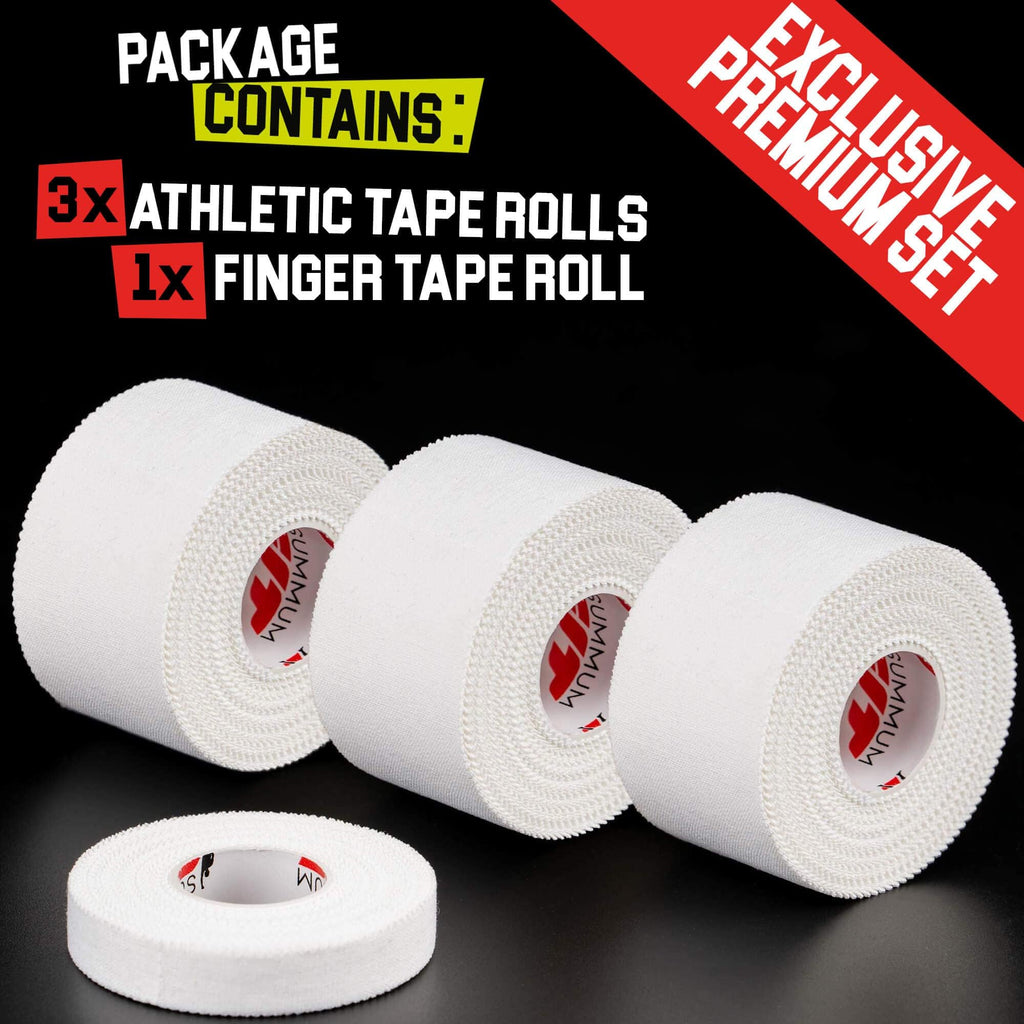 Summum Fit White Athletic Tape Extremely Strong: 3 Rolls + 1 Finger Roll. Easy to Apply & No Residue. Sports Tape Athletic for Boxing Football Climbing or Gymnastics for Wrist Ankle & Hand Protection