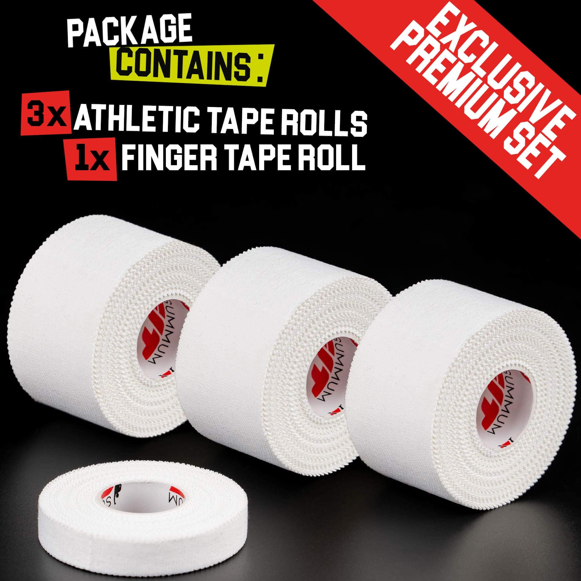 Summum Fit White Athletic Tape Extremely Strong: 3 Rolls + 1 Finger Roll. Easy to Apply & No Residue. Sports Tape Athletic for Boxing Football Climbing or Gymnastics for Wrist Ankle & Hand Protection