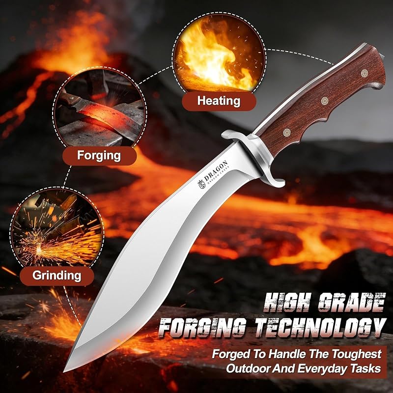 Dragon Creek Kukri Fixed Knife - 15° V-Edge Blade, Wooden Handle, Leather Sheath - Tan