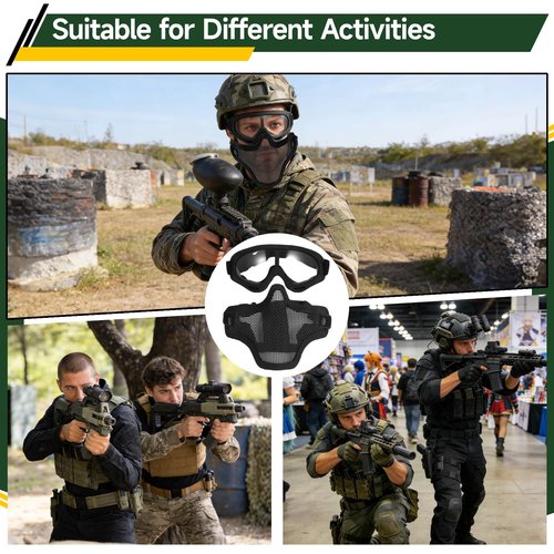 Strategical Protective Gear Set, Carbon Steel Half-face Mesh Cover with Sports Goggle for Men Women, Adjustable Strategical Gear for Shooting, Paintball, CS Games, Costume Parties