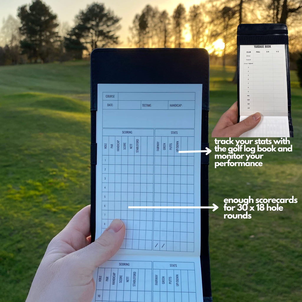 PU Leather Golf scorecard Holder & 2 Weatherproof Golf Notebook with Golf Yardage Book/Golf Scorecard Book - Golf Notebook + 30x scorecards. Golfers Journal, Perfect Golf Gadgets for Men/Woman