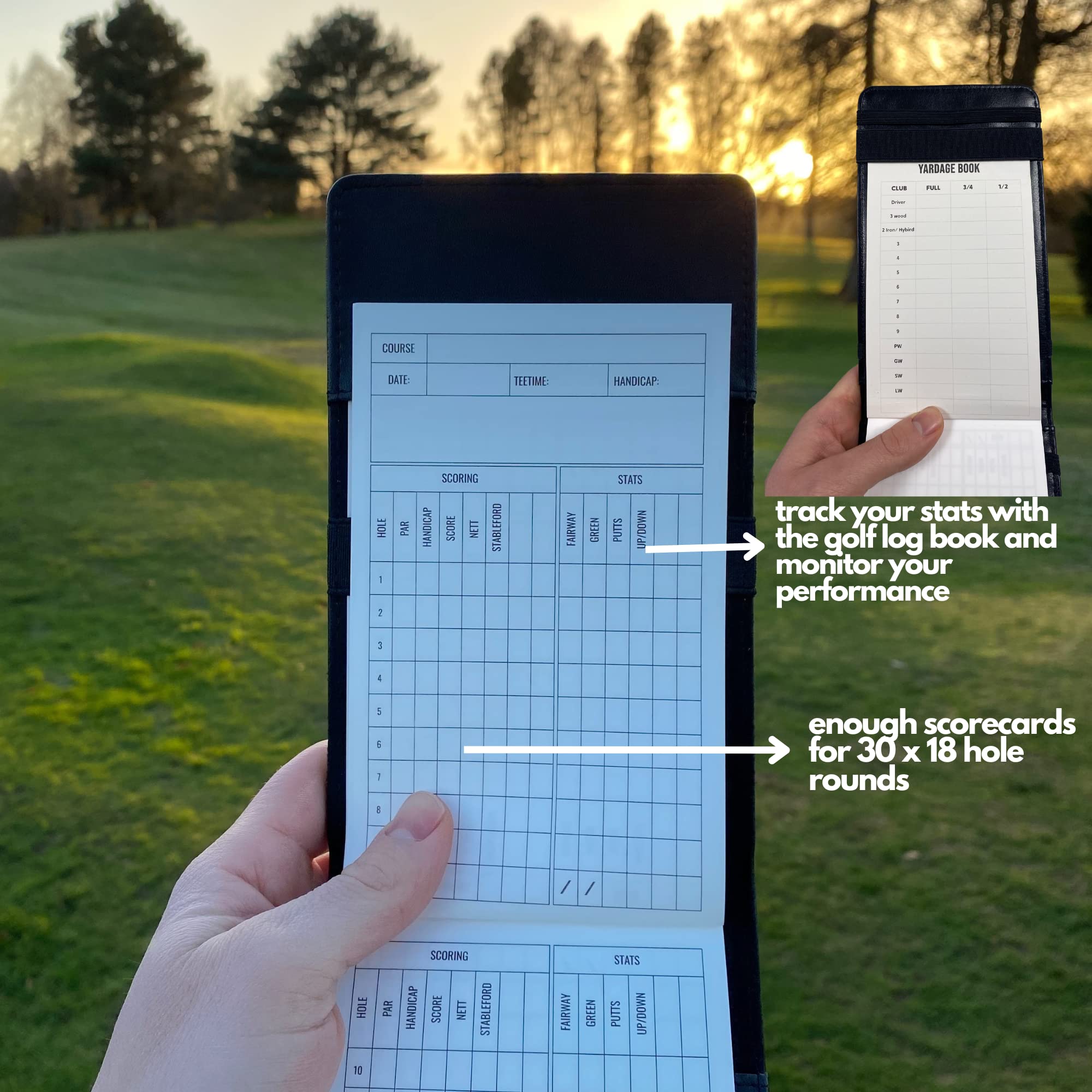 PU Leather Golf scorecard Holder & 2 Weatherproof Golf Notebook with Golf Yardage Book/Golf Scorecard Book - Golf Notebook + 30x scorecards. Golfers Journal, Perfect Golf Gadgets for Men/Woman