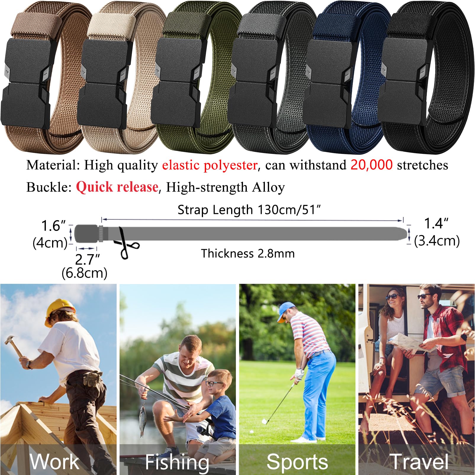 LionVII Quick Release Elastic Belt, Men Stretch Belts with Buckle Fit Through Belt Loops, Adjustable Trim to Fit 28-48" Waist (Black)