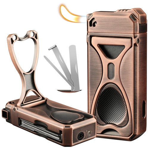 KEJIAR Pipe Lighter with Pipe Stand, 3 Collapsible Pipe Cleaning Tools, 4 in 1 Soft Flame Lighter, Refillable Butane, Men's Pipe Set Gift (Bronze Color)