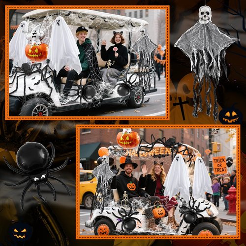 Moucuny 13 Pcs Halloween Golf Cart Decor Kit Spider Cotton Aluminum Film Balloon Spider Ghost Pendant Bat Wall Sticker Skull Ghost Pendant Aluminum Film Ball Skeleton Model for Golf Cart Accessories