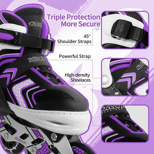 Nattork Adjustable Inline Skates - Light-Up Wheels for Kids | Beginner Roller Skates in Purple, Pink, Blue, Black