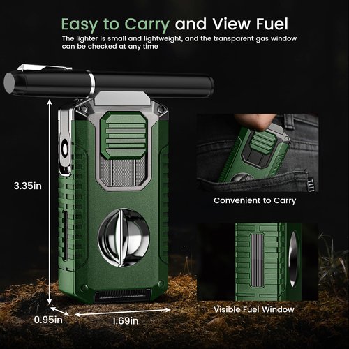 5-in-1 Torch Lighter with V-Shape Shear, Punch, Holder, and Draw Enhancer, Triple Windproof Flame, All-in-one Lighter with Multi-Functional Accessory, Refillable Butane Lighter with Gift Box for Men