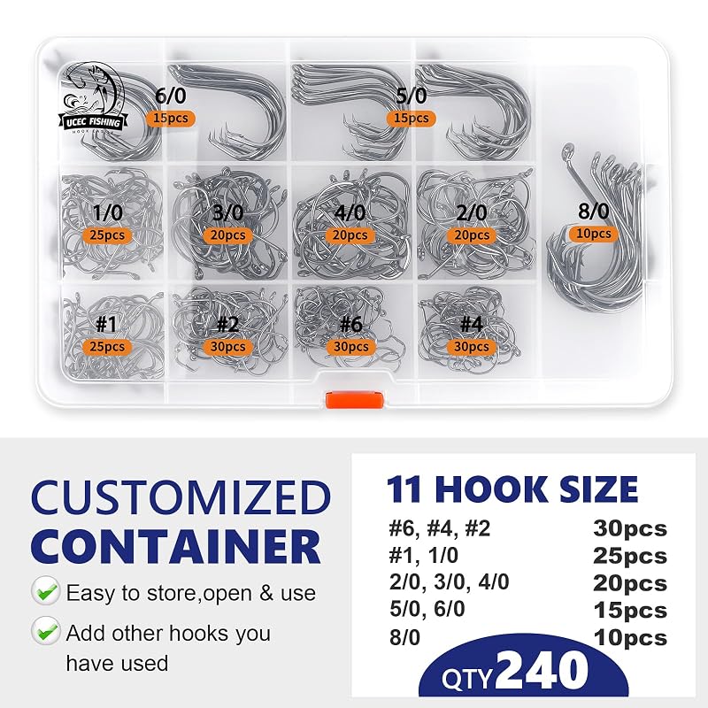UCEC Circle Hooks Saltwater Fishing Hooks - 240 Pcs Assortment 11 Sizes #6 to 8/0 for Catfish & Octopus