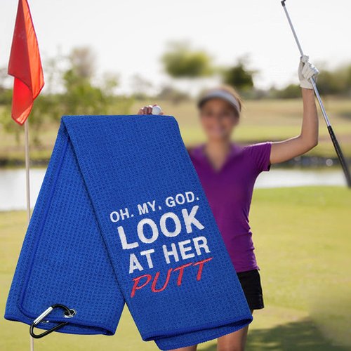 Funny Golf Towels for Women Oh My God Look at Her Putt Embroidered Golf Towels for Golf Bags with Clip (Look at Her Putt)