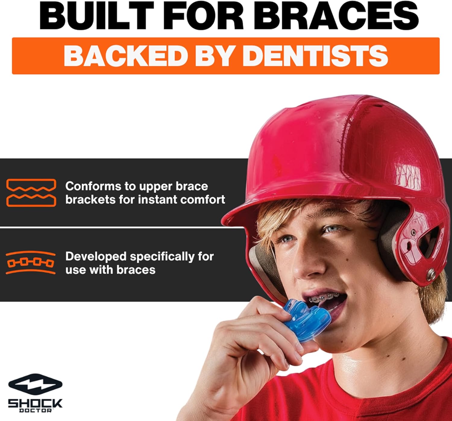 Shock Doctor Mouth Guard - Ultimate Upper Teeth Protection for Braces | Instant Fit, Blue (Pack of 2)