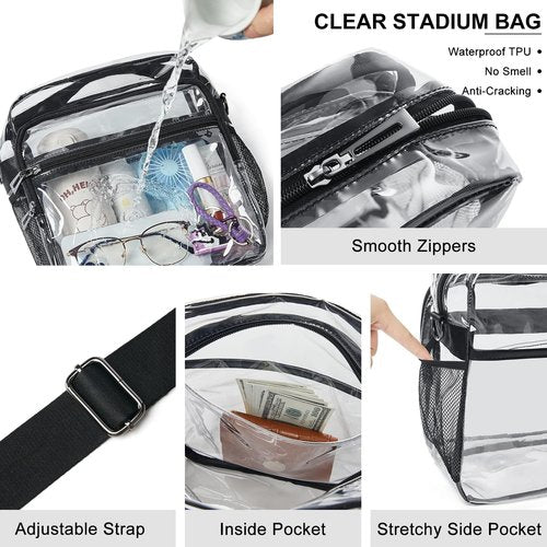 LATMAP Clear Stadium Bag - 12x6x12 Clear Purse with 3-Zipper Pockets | Crossbody Handbag for Events