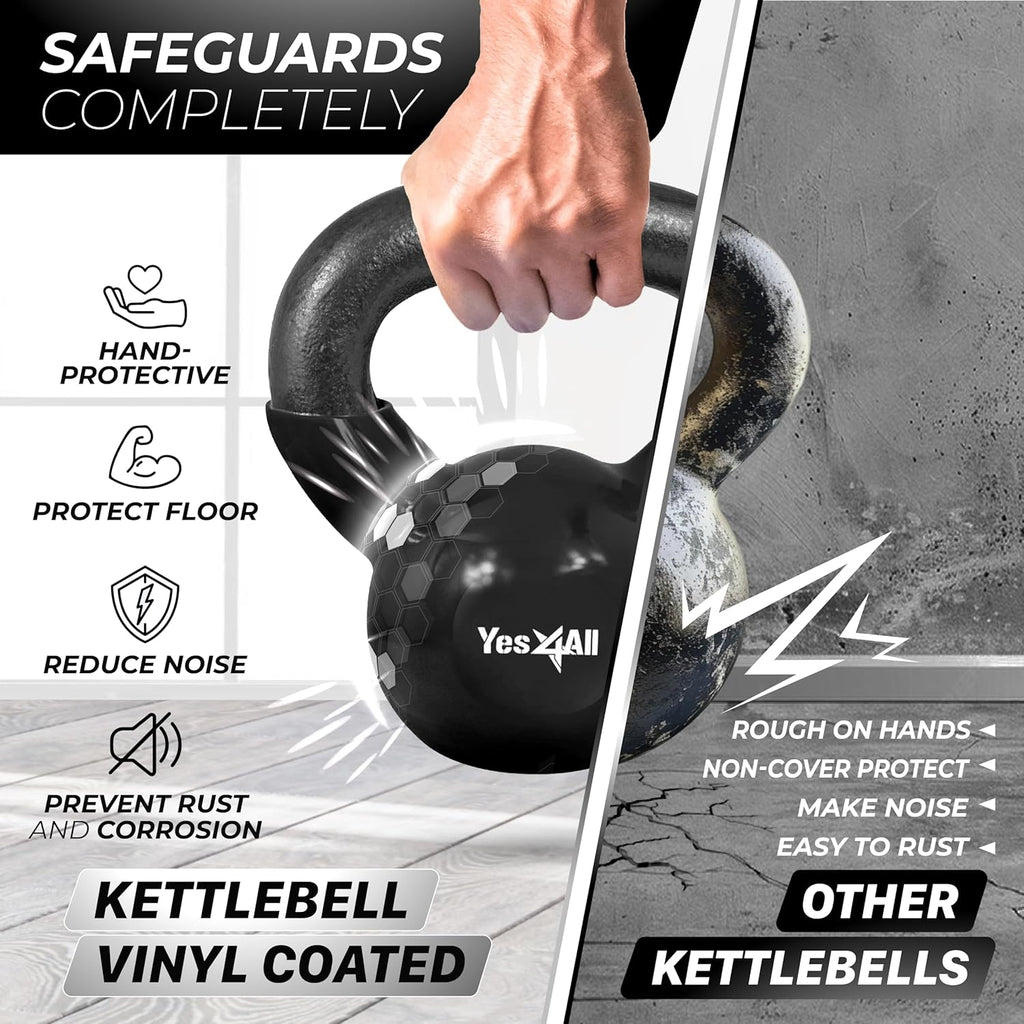 Yes4All Kettlebell - Vinyl Coated Cast Iron Set for Full Body Workouts | Stable Flat Bottom Design