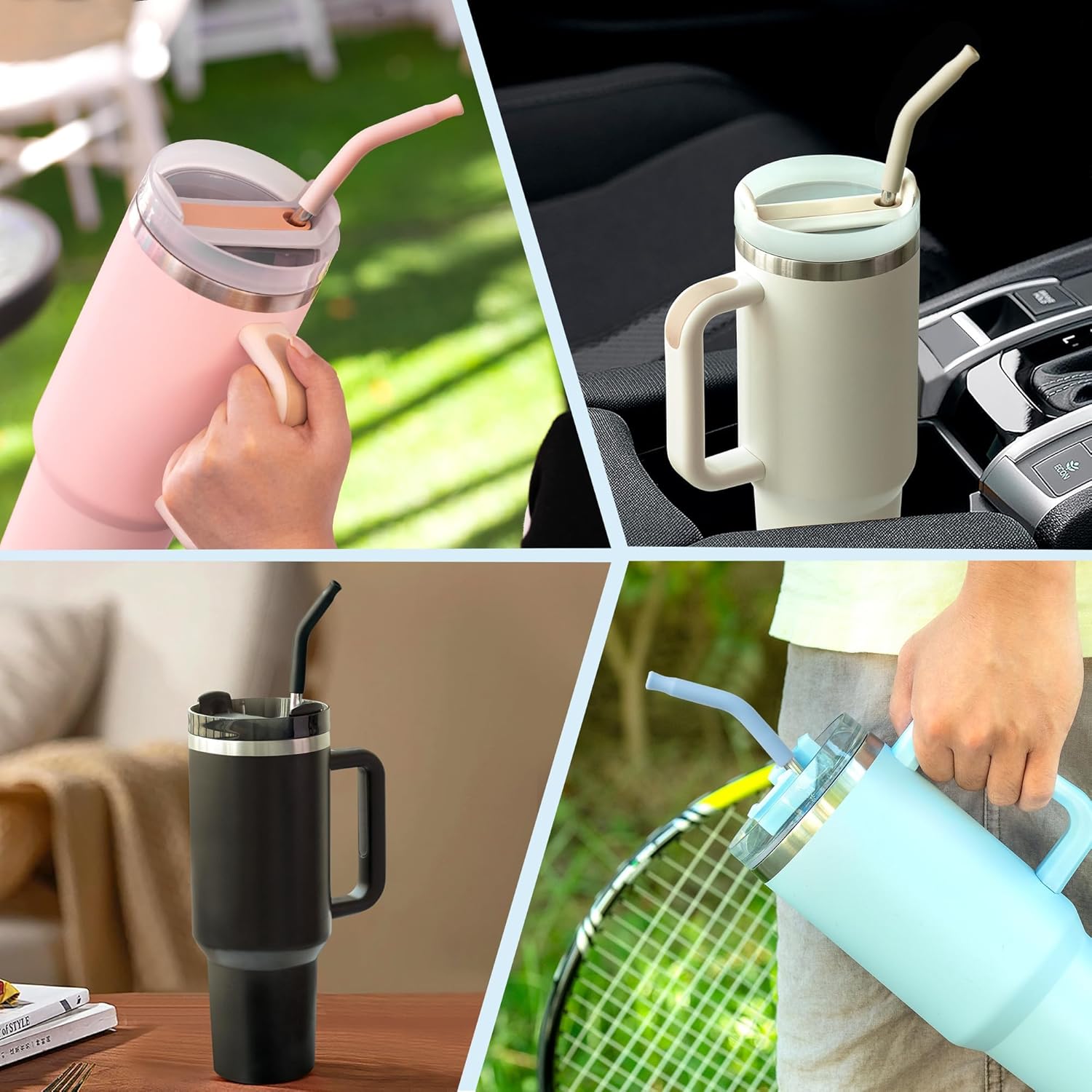 Skiennix Straight Metal Straws - 3 Pack Reusable Stainless Steel Drinking Straws with Silicone Tips | Fits 40 Oz Stanley Tumbler, BPA Free (Black)