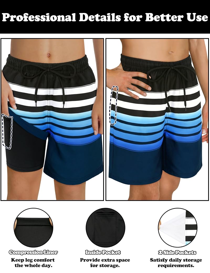 Boys Swim Trunks with Compression Liner - Black with Navy Blue White Stripes, 14-16 years