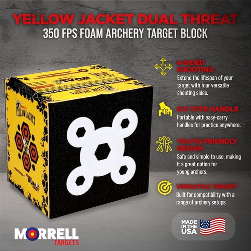 Morrell Yellow Jacket Dual Threat Foam Archery Target Block - 350 FPS, 4 Sides, 32 Bullseyes, Yellow
