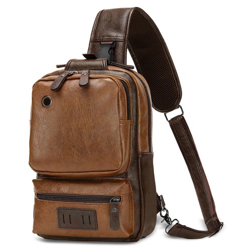 SUIKIHUM Vintage PU Leather Sling Backpack for Men, Crossbody Bag, Adjustable Shoulder Strap (Light Brown)
