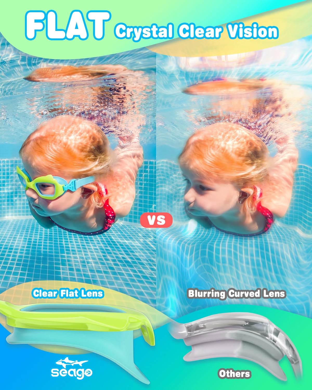 Seago Kids Swim Goggles - Cat-Shaped, Anti-Fog, UV Protection | 2 Pack with Fabric Strap for Ages 3-15
