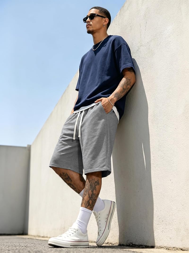 JMIERR Men’s Baggy Sweat Shorts Below Knee - Grey, Medium