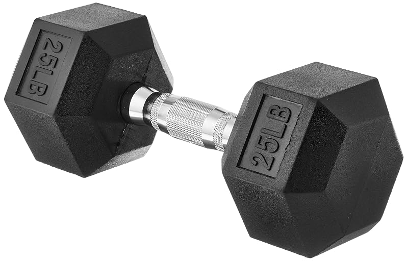 Amazon Basics 25 lb Rubber Hex Dumbbell — Hexagon, Textured Grip (Pair 25+25 lbs) - Home Gym