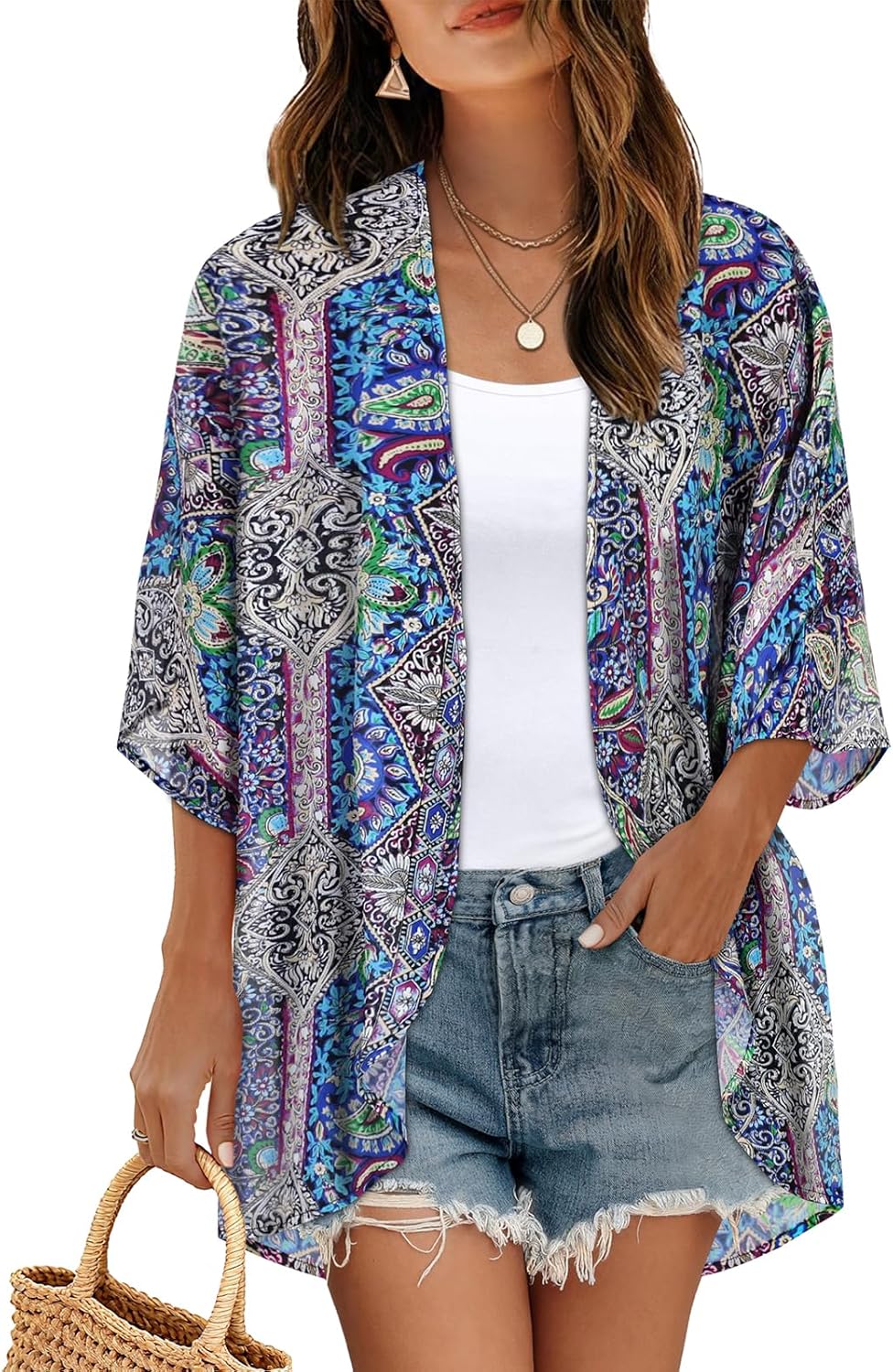 Skiennix Women's Floral Print Kimono Cardigan - Casual Puff Sleeve Cover-Up Top