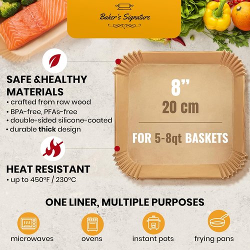 Baker's Signature Air Fryer Paper Liners - 125 Pcs Non-Stick & Oil Proof | 8” Square for 5-8 Qt Baskets