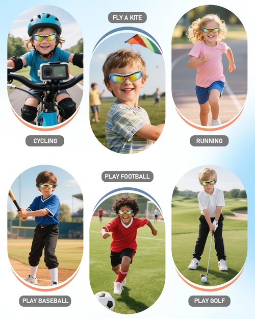 Hurdilen Polarized Kids Cycling Sunglasses, Youth Baseball Sunglasses for Boys Girls Age 8-14, 4 UV Interchangeable Lenses, Lightweight Sun Glasses for Baseball, Softball, Sports (Blue)