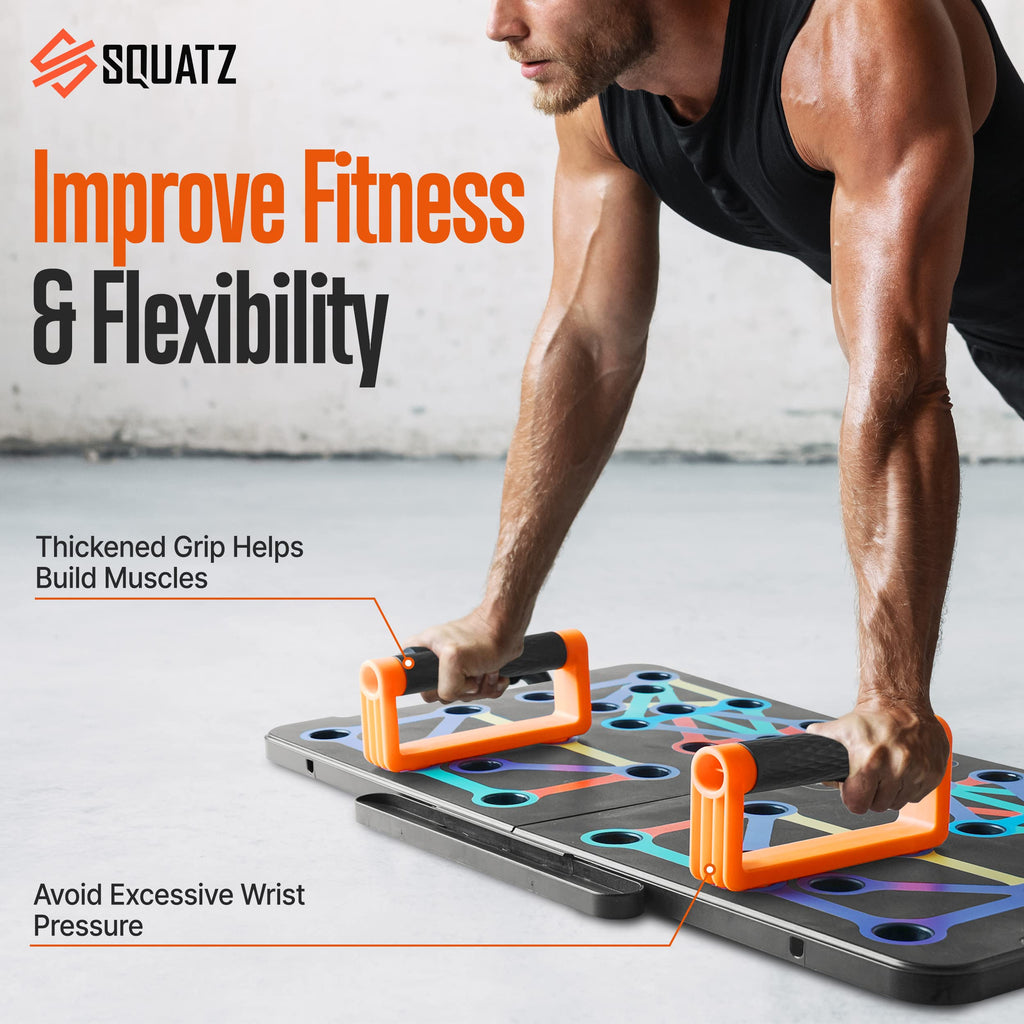 SQUATZ Portable Push Up Board - Bars Includes 5 Resistance Bands, Bag, and Pilates Rod - Work Out Equipment for Home Gym for Full Body - Strength Training Equipment Handles - Capacity 1,100 LBS
