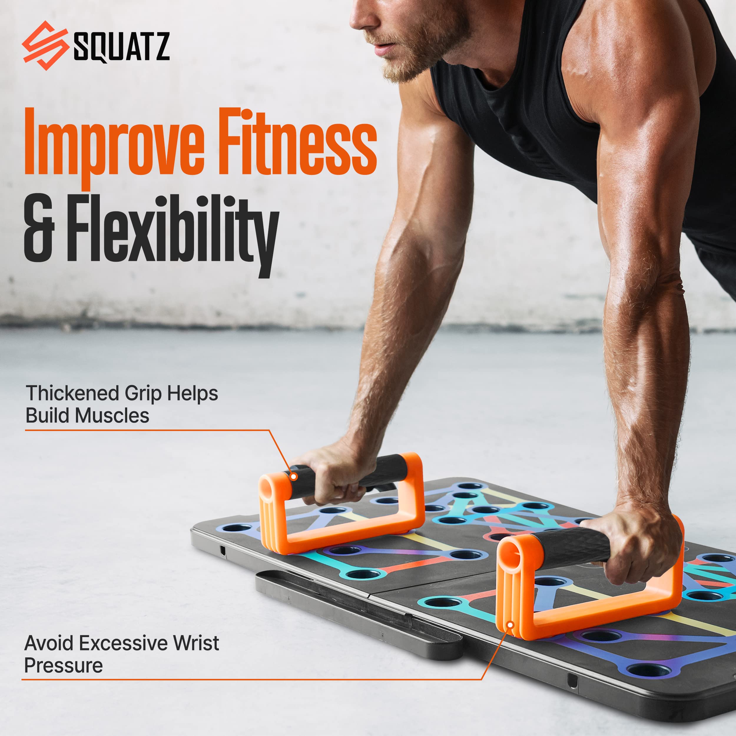 SQUATZ Portable Push Up Board - Bars Includes 5 Resistance Bands, Bag, and Pilates Rod - Work Out Equipment for Home Gym for Full Body - Strength Training Equipment Handles - Capacity 1,100 LBS