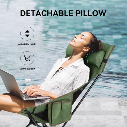 diwaite High Back Camping Chair, Supports 440 lbs, Portable Folding Backpacking Chair with Detachable Pillow for Camping, Hiking & Travel(Green)