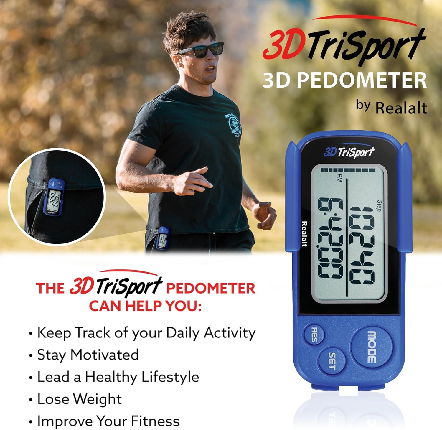 Realalt 3DTriSport 3D Walking Pedometer - Accurate Step Counter with 30-Day Memory & Large Display for Seniors