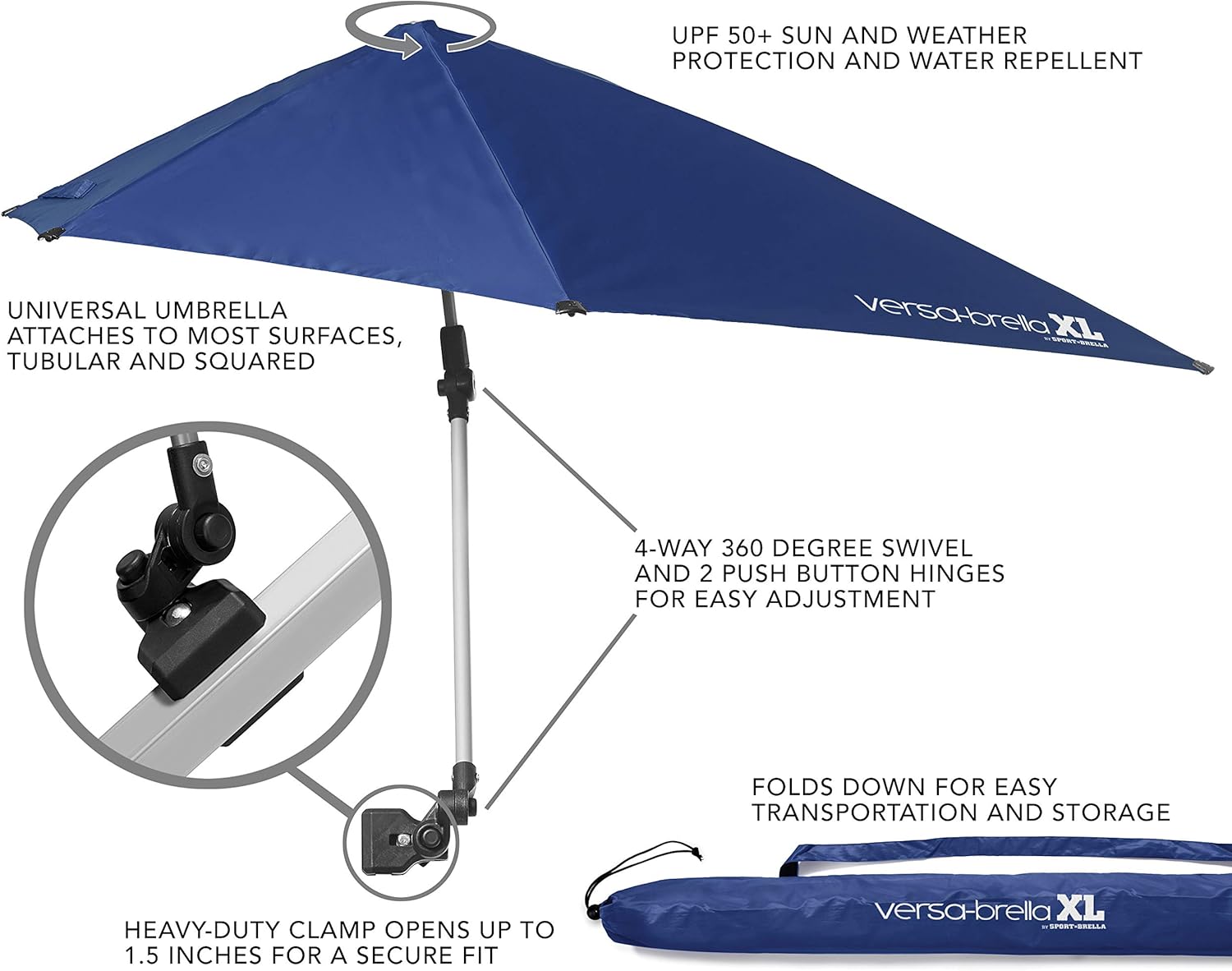 Sport-Brella Versa-Brella XL - Versatile All-Position Umbrella with Clamp | Midnight Blue