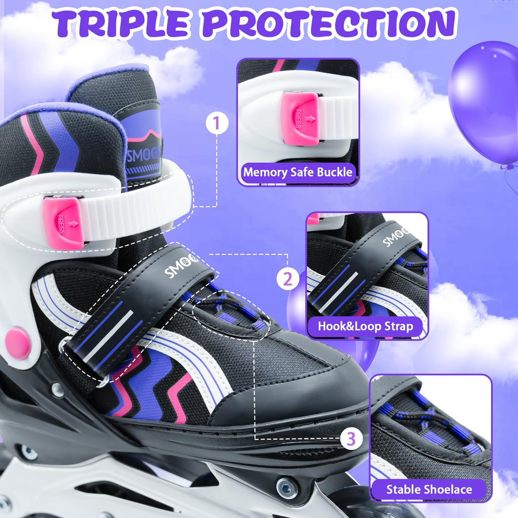 SMOOJOY Inline Skates for Kids Light-Up Wheels Aluminum Frame Black Rose Red Blade Skate for Boys and Girls S, M, L Sizes, Ages 8-12, Perfect for Beginners Indoors and Outdoors