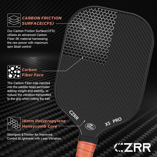 CZRR Pickleball Paddle, USA Pickleball Approved, 3K Raw Carbon Fiber Surface (CFS) High Grit & Spin, with 16MM Polypropylene Honeycomb Core, Ideal for Novice and Professional Players